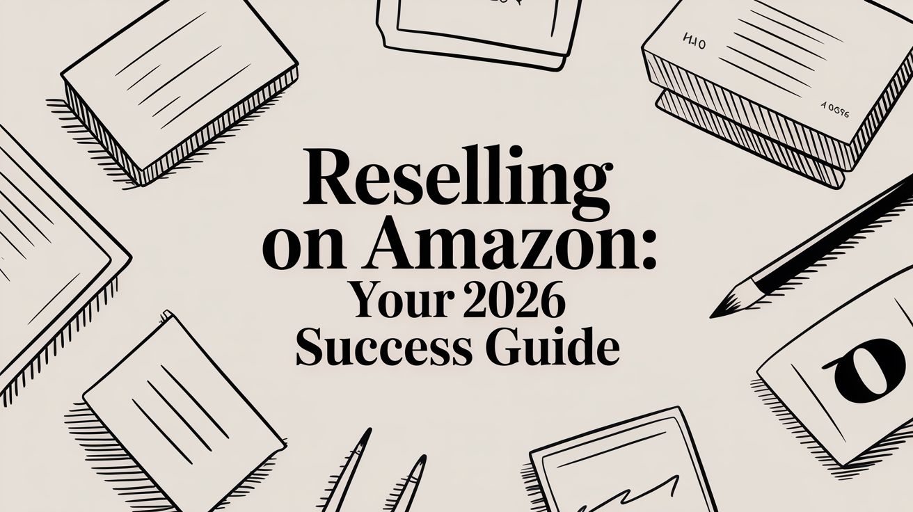 reselling-on-amazon-flatlay - EntreResource.com Guide cover: 'Reselling on Amazon: Your 2026 Success Guide' surrounded by hand-drawn office supplies.