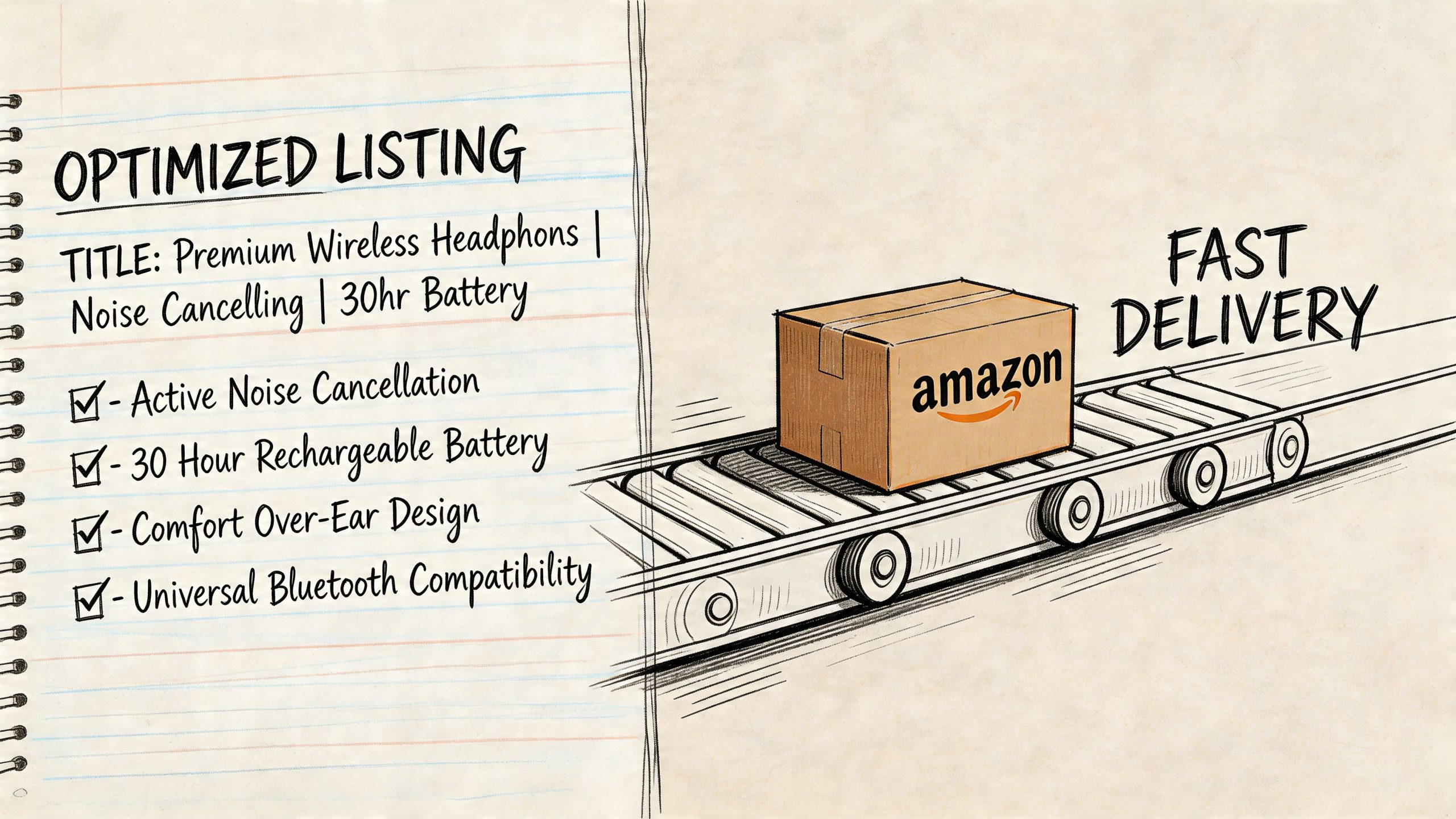A hand-drawn illustration showing an optimized product listing next to an Amazon package on a conveyor belt.