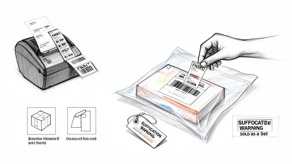Illustration showing FBA product preparation: label printer, applying FNSKU labels, and suffocation warning packaging.