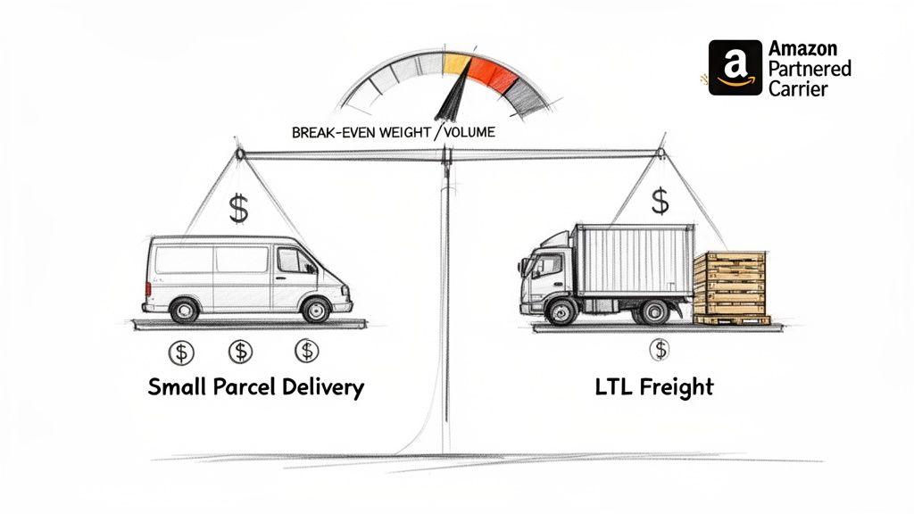 Diagram comparing small parcel delivery and LTL freight costs, indicating a break-even weight/volume.