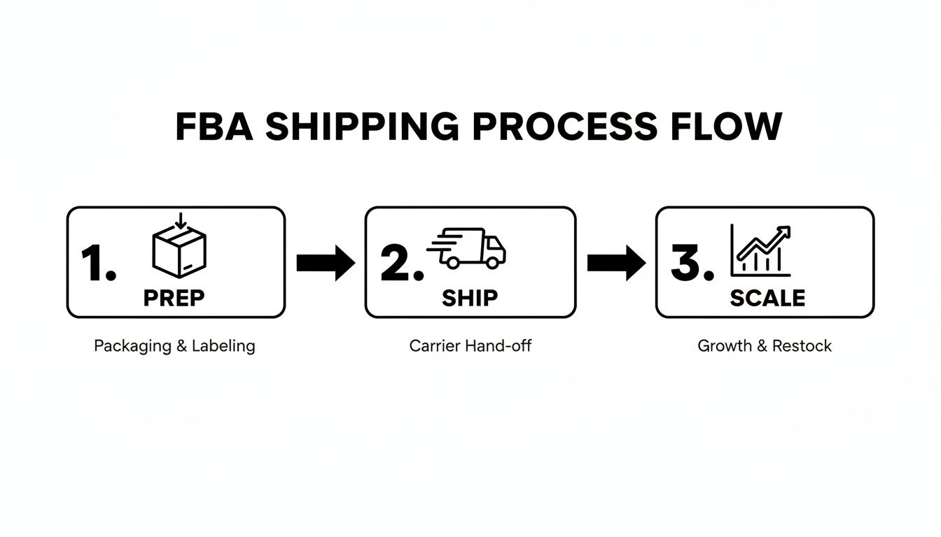 A diagram illustrating the FBA shipping process flow, detailing three key steps: Prep, Ship, and Scale.