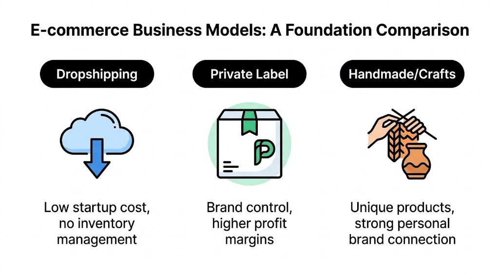 An infographic comparing three common e-commerce business models: Dropshipping, Private Label, and Handmade or Crafts products.