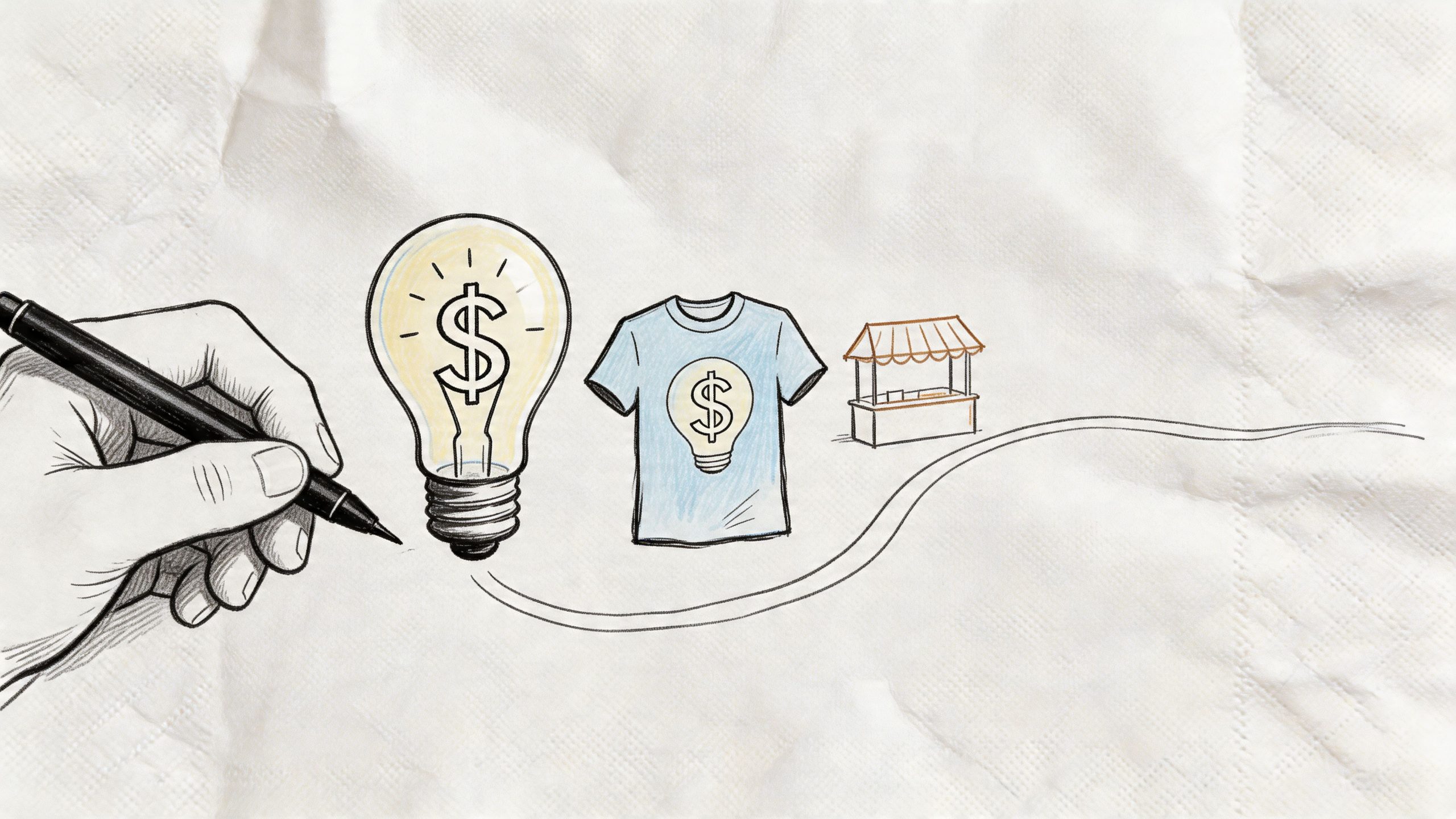 A hand drawing a sequence representing a business idea, from lightbulb concept to t-shirt product and store.