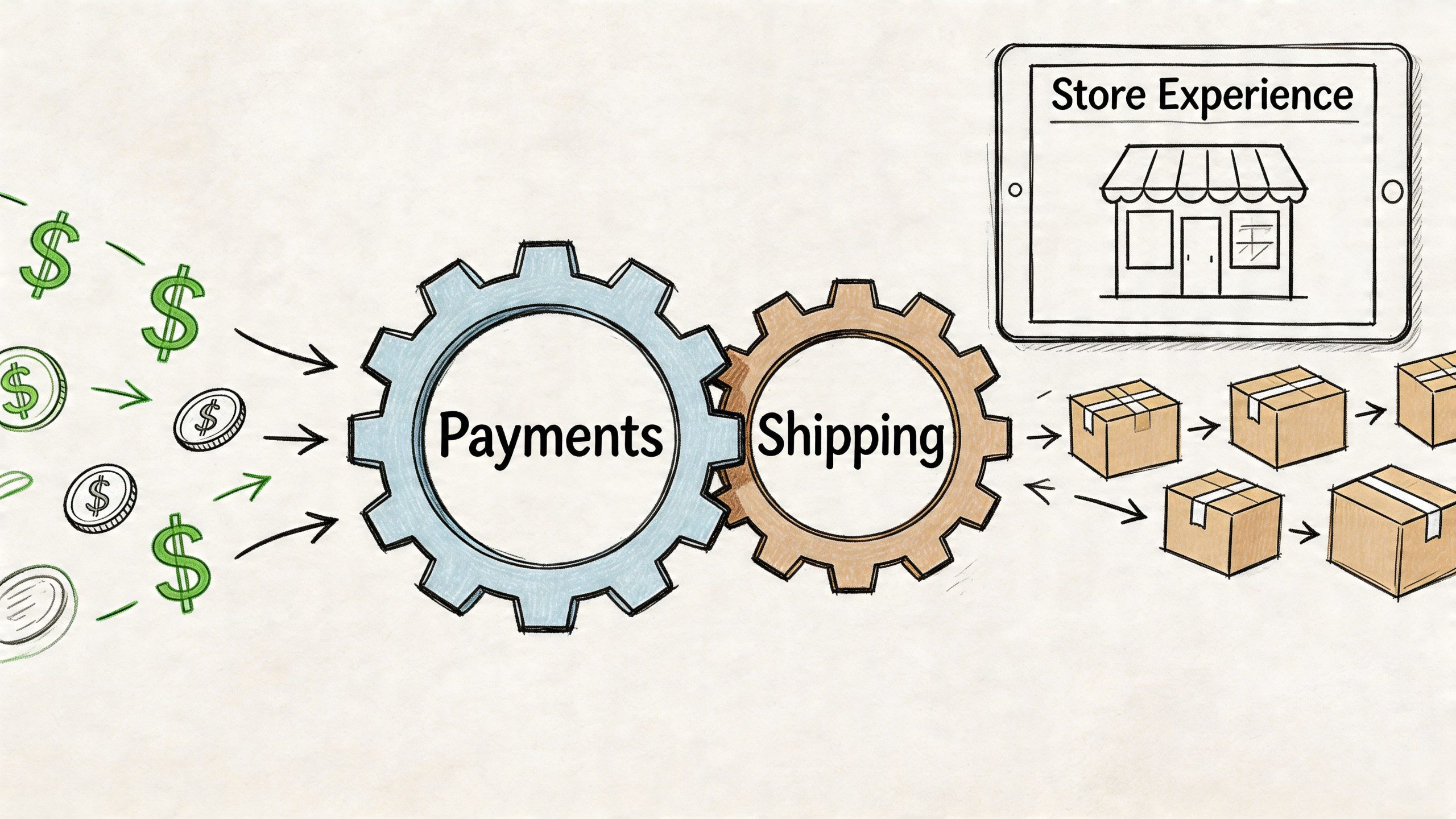 An illustration showing payment processing and shipping as interconnected gears leading to an online store experience.