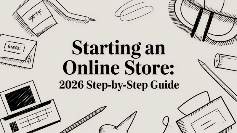 Cover title card: 'Starting an Online Store: 2026 Step-by-Step Guide' with hand-drawn stationery doodles around it