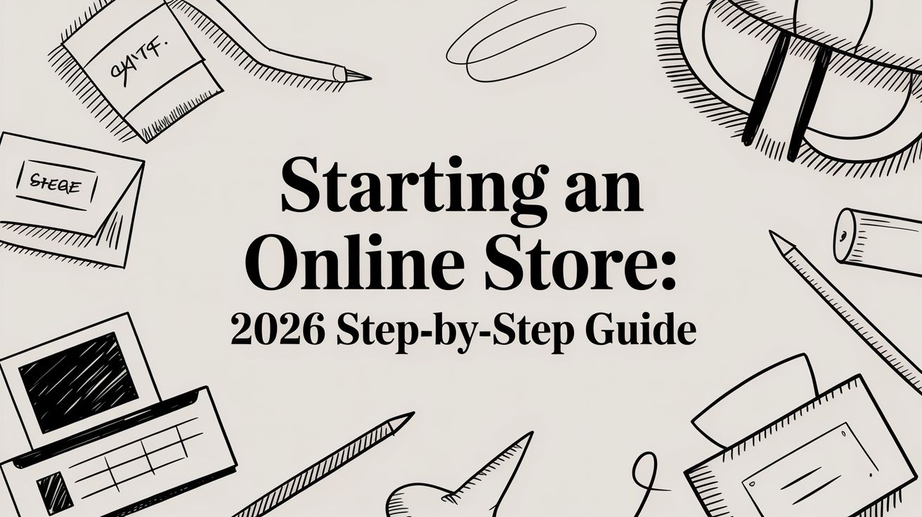 starting-an-online-store-sketch-art - EntreResource.com Cover title card: 'Starting an Online Store: 2026 Step-by-Step Guide' with hand-drawn stationery doodles around it