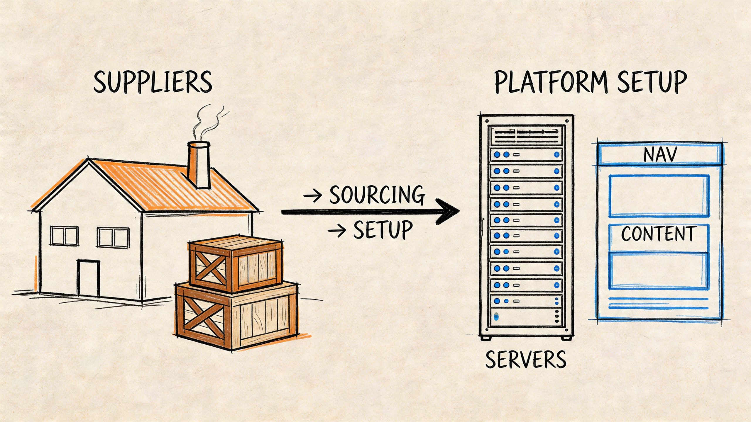 A hand-drawn illustration showing the process from suppliers providing goods to a platform setup with servers.