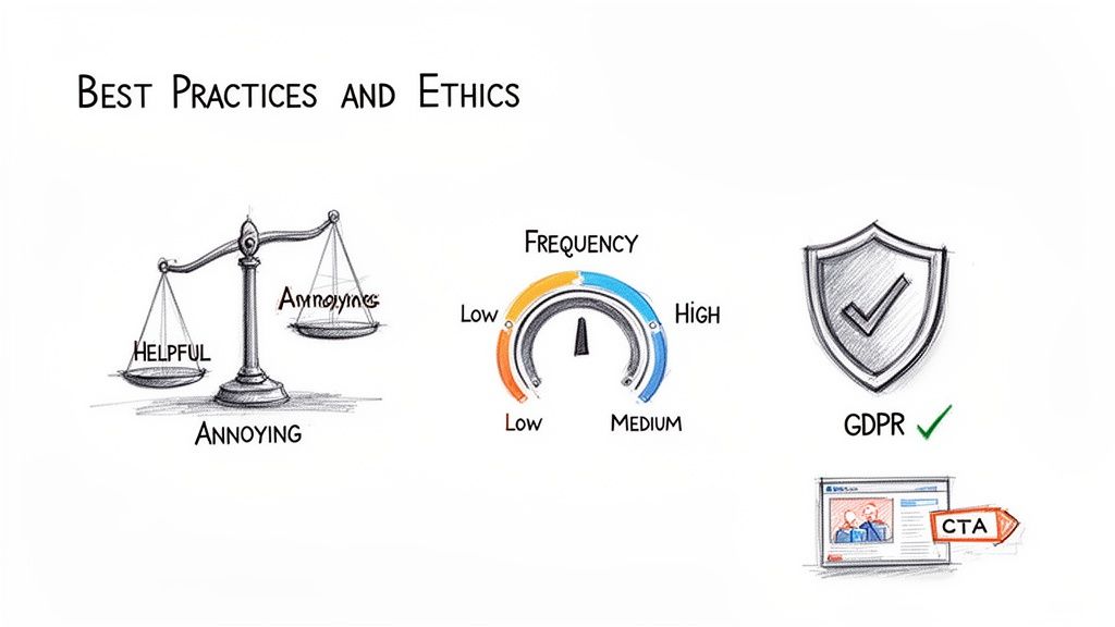 Illustrates best practices and ethics in digital marketing, balancing helpfulness with annoying frequency, GDPR compliance, and effective calls to action.