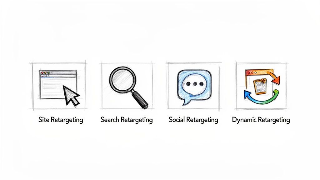 Four icons illustrate Site, Search, Social, and Dynamic Retargeting strategies in digital marketing.