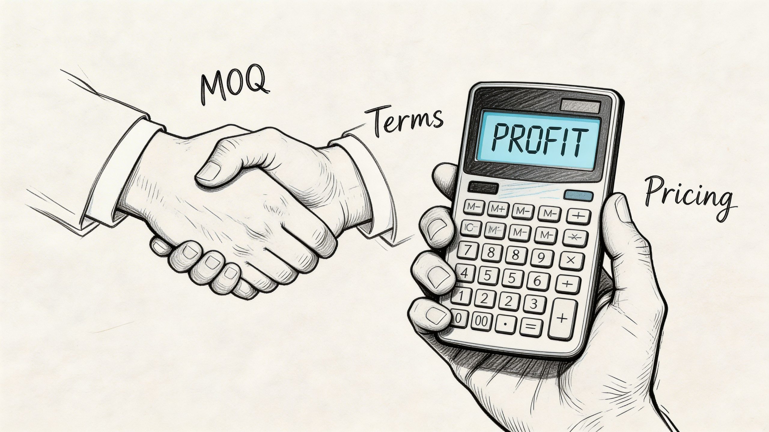 A hand-drawn illustration showing a handshake representing terms and MOQ, with another hand holding a profit calculator.