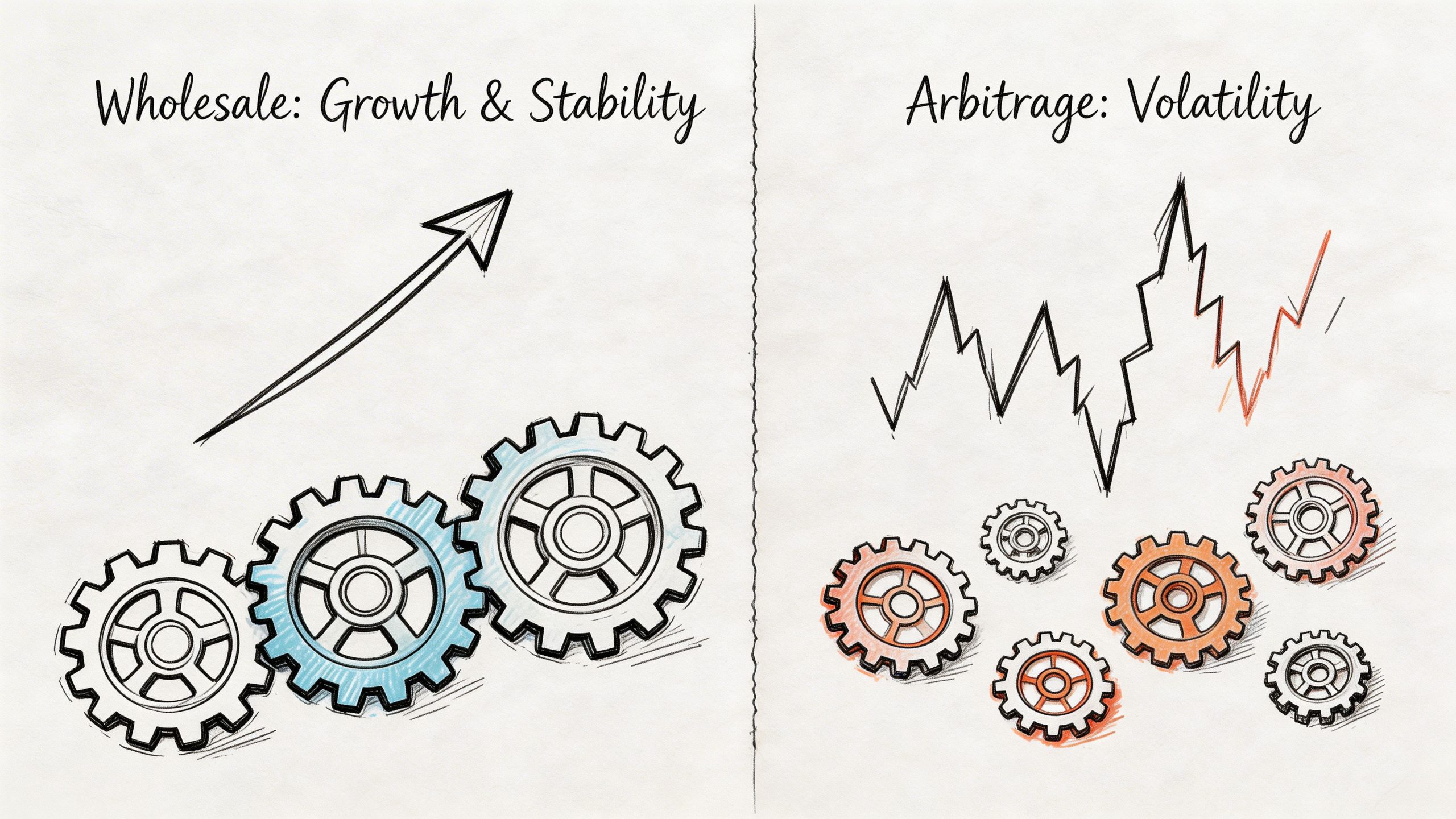 A split image comparing wholesale business growth and stability with arbitrage-driven market volatility using gear diagrams.