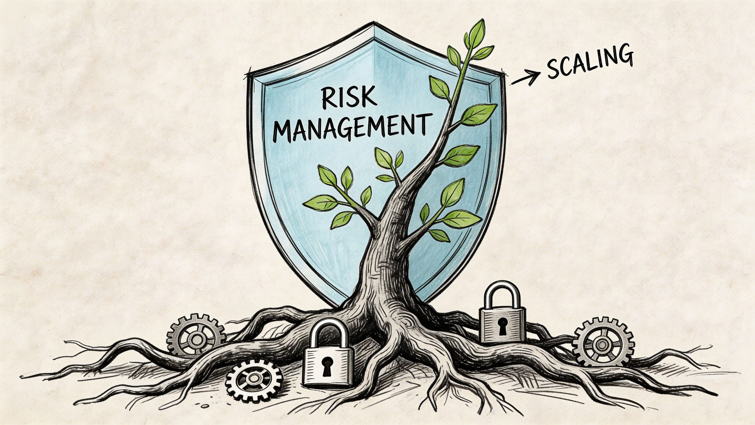 A conceptual illustration of risk management featuring a tree growing behind a protective shield with security padlocks.