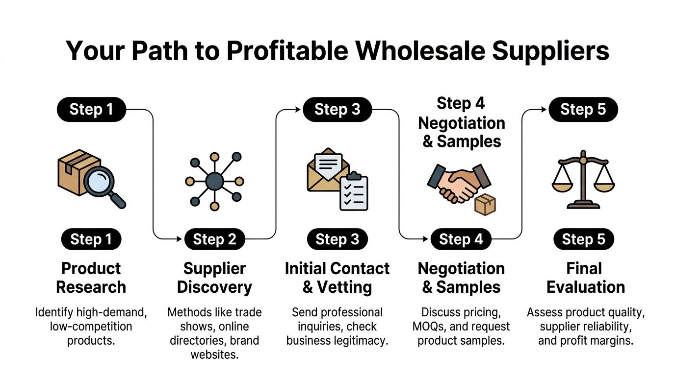 A five-step infographic showing the process of finding and evaluating profitable wholesale suppliers for an online business.