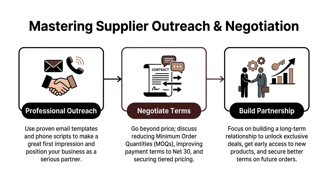 A three-step infographic showing the process of professional supplier outreach, negotiating terms, and building business partnerships.