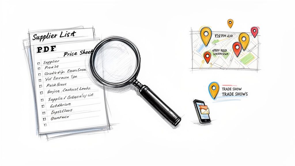 A hand-drawn sketch illustrating a supplier list with a magnifying glass, a map with locations, and a smartphone.