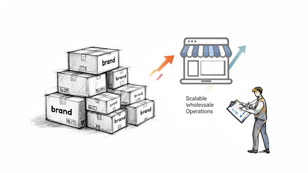 A businessman reviewing wholesale inventory, illustrating how to scale wholesale operations for online retail selling platforms.