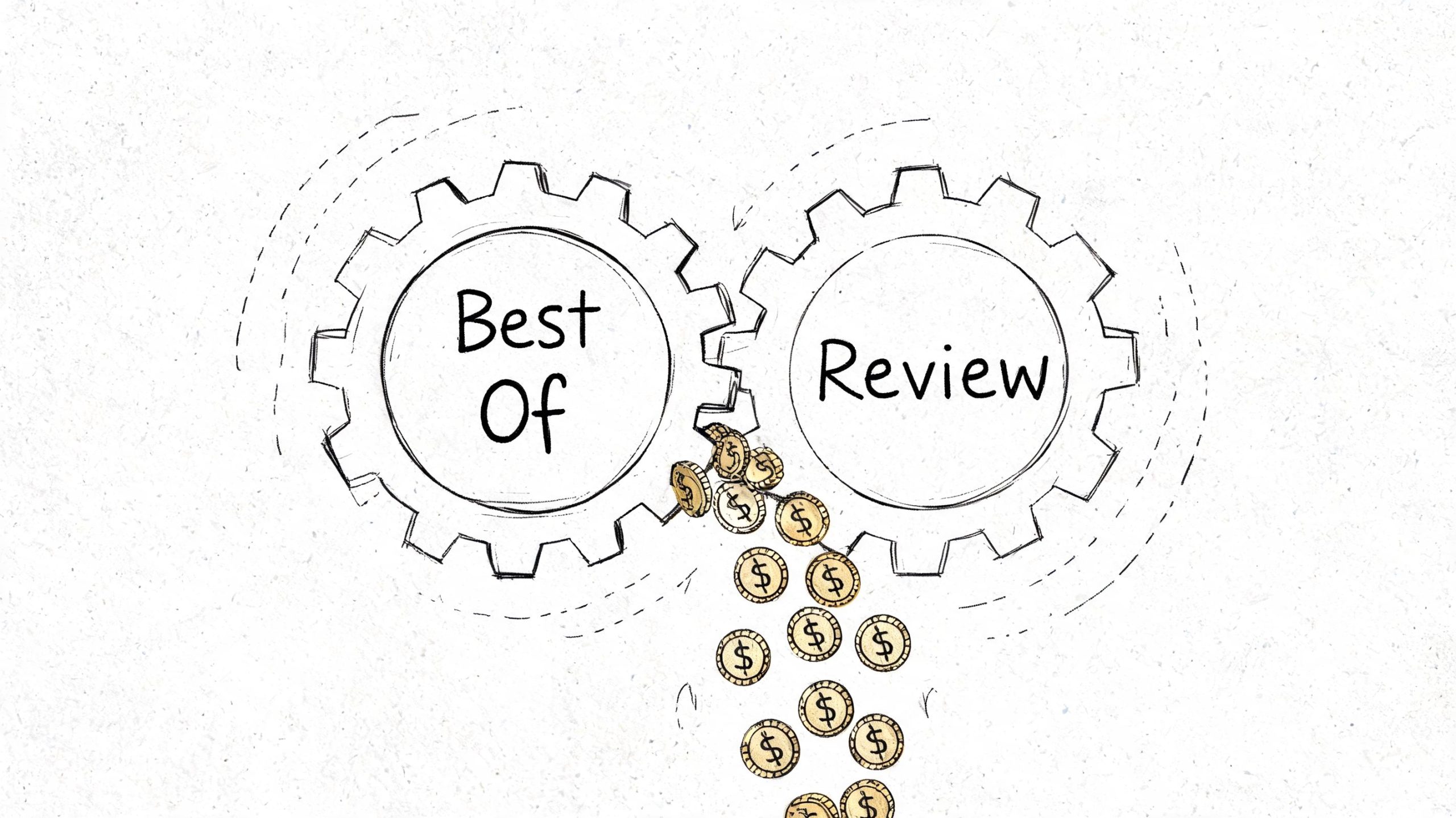 Two interlocking gears labeled Best Of and Review with gold dollar coins falling between them.