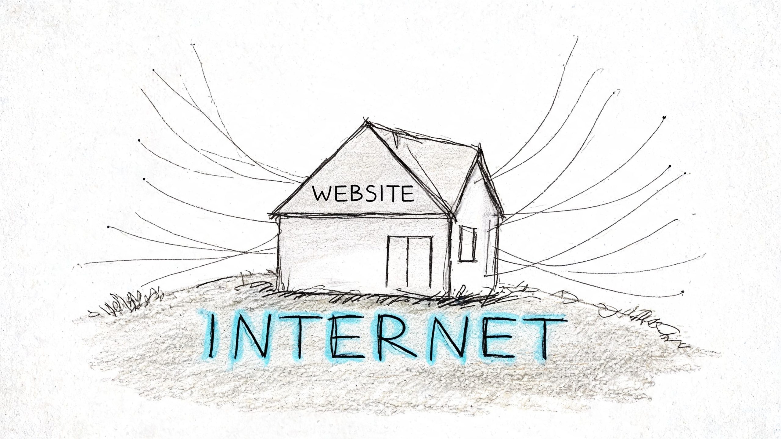 A hand-drawn sketch of a house labeled website sitting on a hill representing the vast internet.