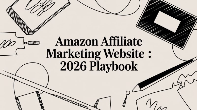 Creative banner with the title 'Amazon Affiliate Marketing Website: 2026 Playbook' on a beige background, surrounded by black line-drawn office doodles like a pencil, notebook, and notebook-like shapes.
