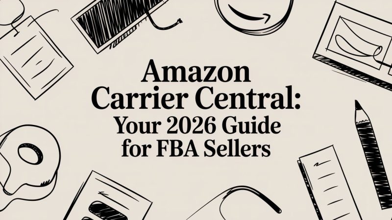 amazon-carrier-central-guide - EntreResource.com Cover image with the title 'Amazon Carrier Central: Your 2026 Guide for FBA Sellers' and surrounding hand-drawn doodles (sketchy office icons).