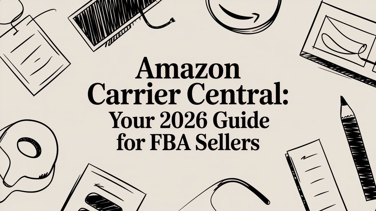 amazon-carrier-central-guide - EntreResource.com Cover image with the title 'Amazon Carrier Central: Your 2026 Guide for FBA Sellers' and surrounding hand-drawn doodles (sketchy office icons).