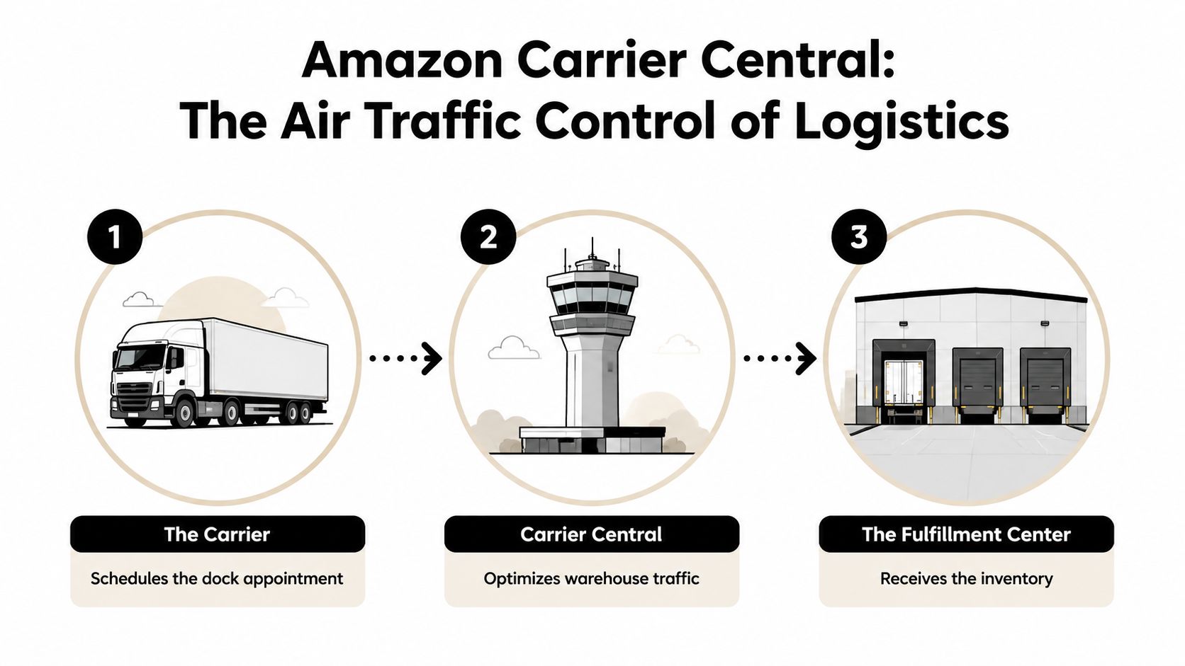 A diagram illustrating Amazon Carrier Central as a three-step logistical process involving carriers, traffic control, and fulfillment.