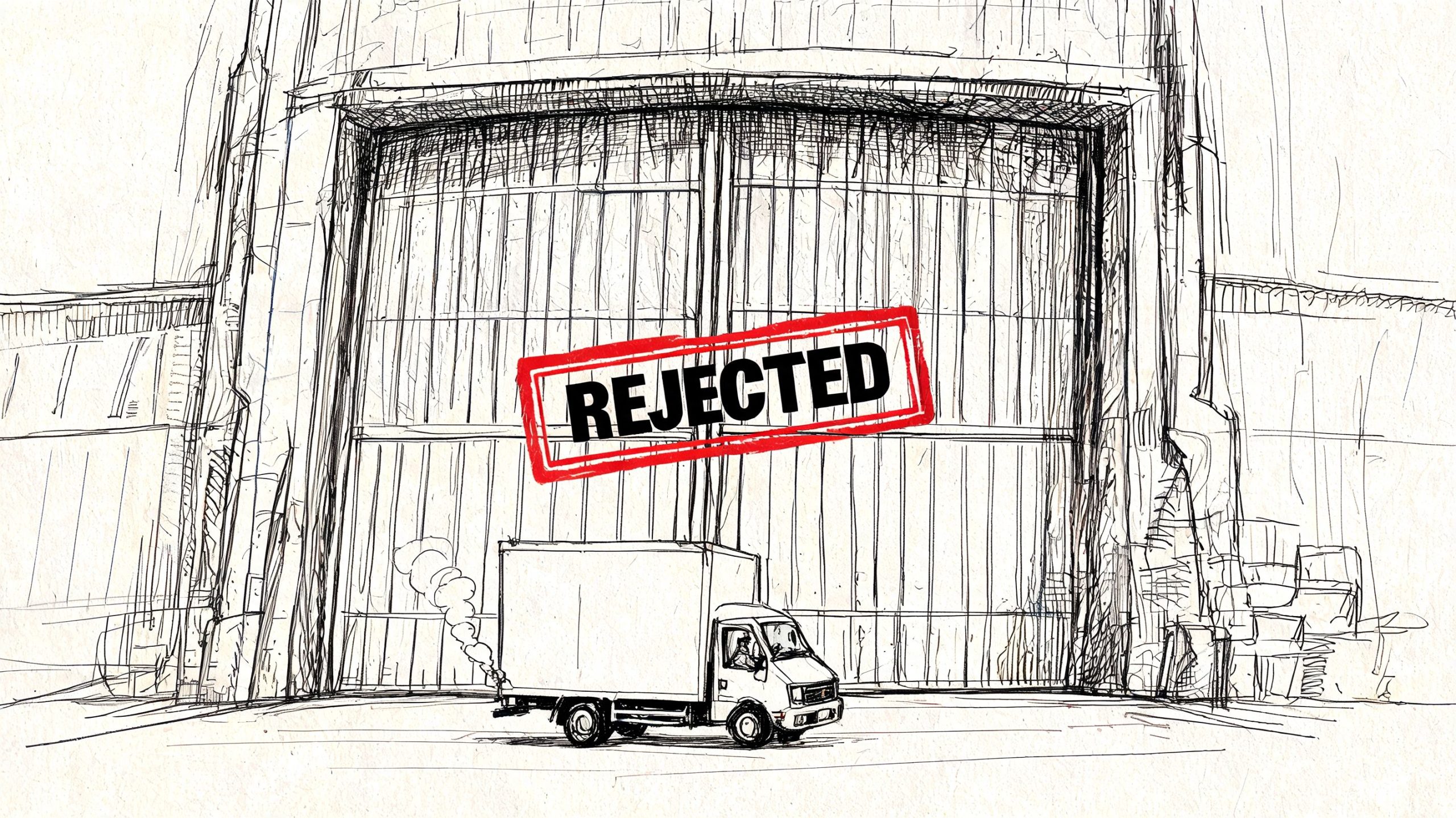 A hand-drawn sketch of a delivery truck parked in front of large warehouse doors with a rejected stamp.