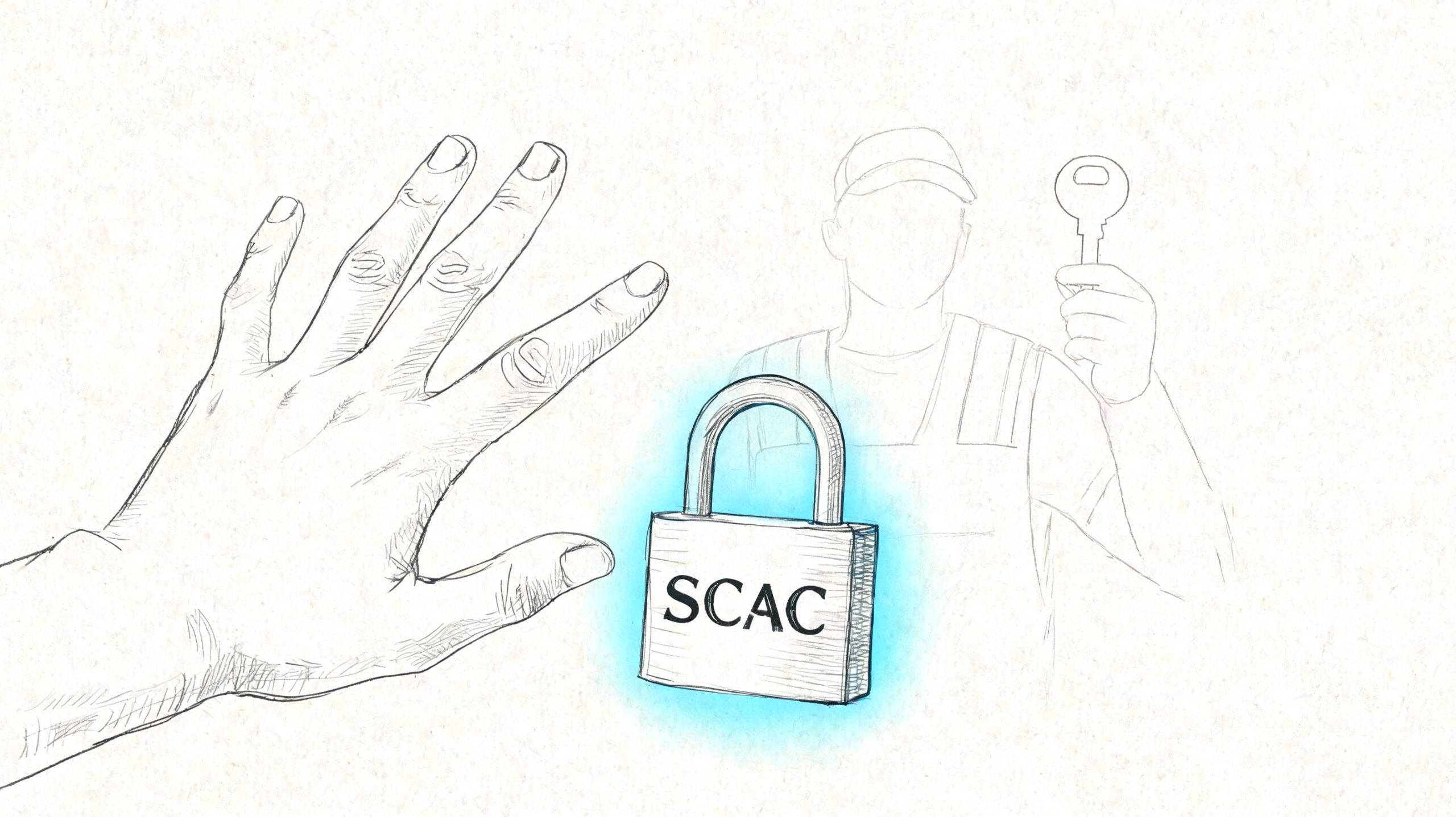 A hand blocking a padlock labeled SCAC, with a delivery driver holding a key in the background.