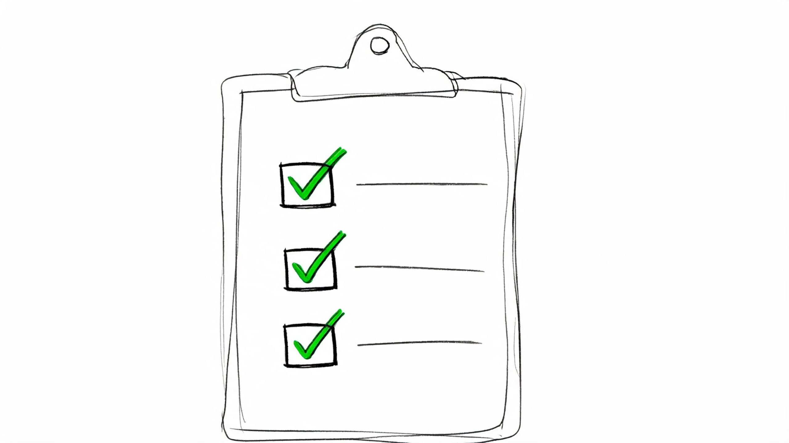 A hand-drawn illustration of a clipboard with three checked boxes and blank lines for notes.