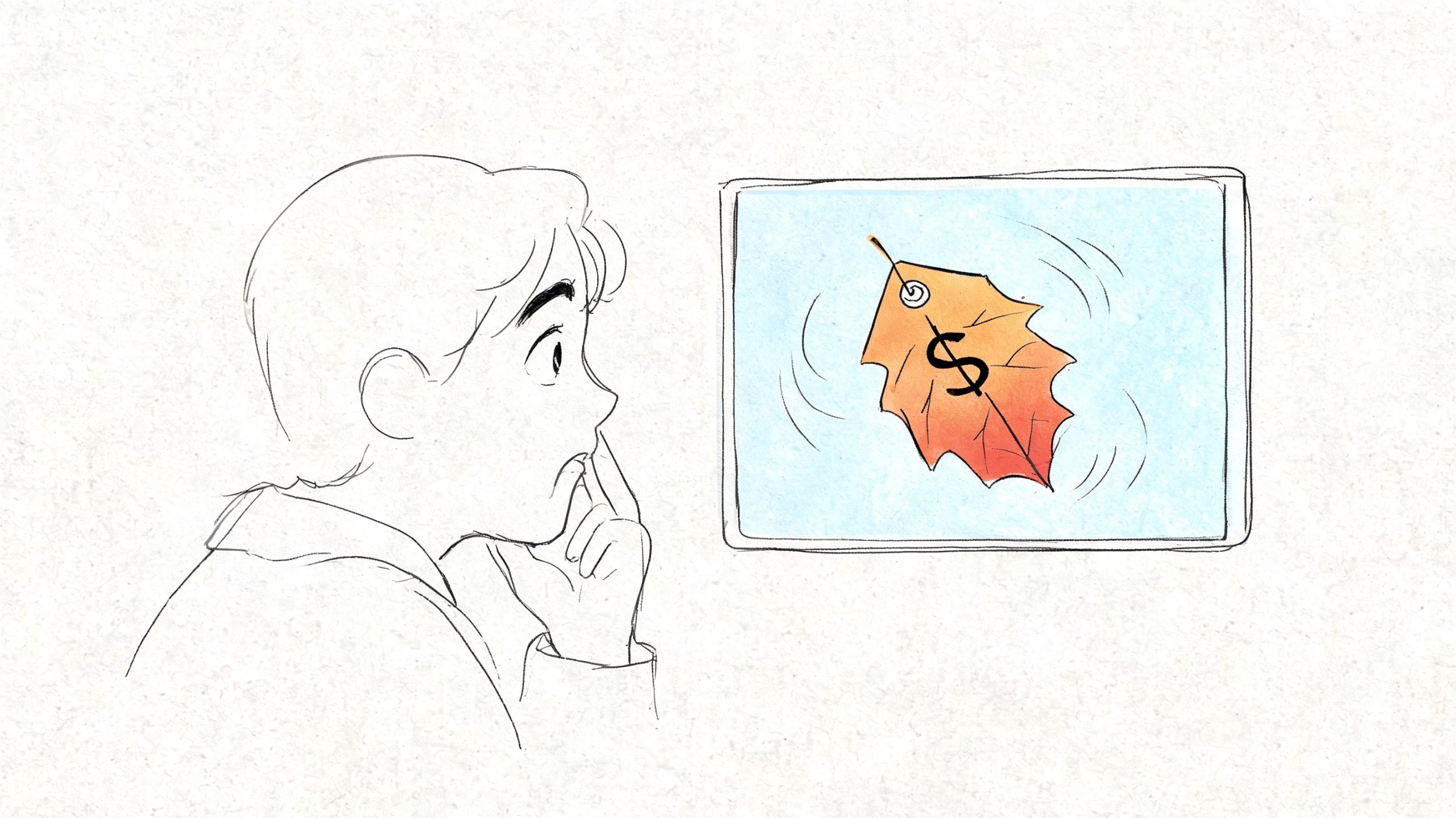 A person looking thoughtful at a digital screen displaying an autumn leaf with a dollar sign symbol.
