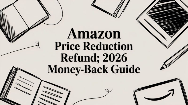 Hero banner with sketchy books and pencils framing the title: 'Amazon Price Reduction Refund; 2026 Money-Back Guide'