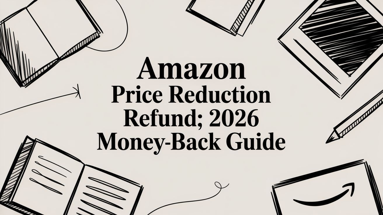 amazon-price-reduction-refund-guide - EntreResource.com Hero banner with sketchy books and pencils framing the title: 'Amazon Price Reduction Refund; 2026 Money-Back Guide'