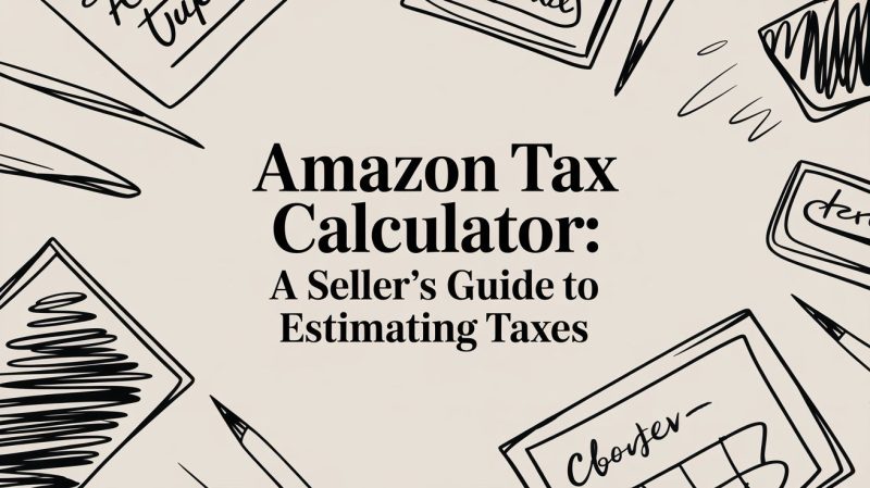 Centered title card: 'Amazon Tax Calculator: A Seller's Guide to Estimating Taxes' with hand-drawn office doodles around it.
