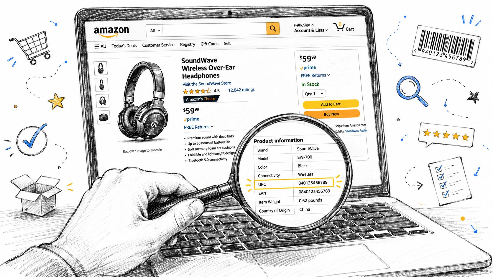 A magnifying glass inspecting product information on an Amazon headphones page, highlighting a barcode and UPC number.