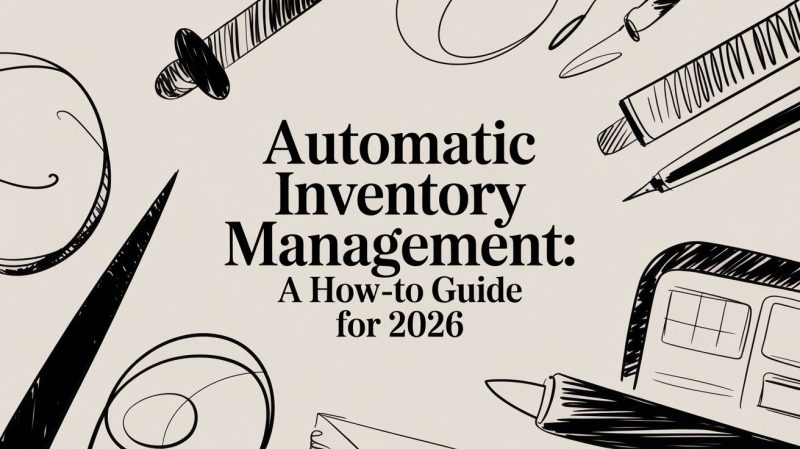 Cover image for a guide titled 'Automatic Inventory Management: A How-to Guide for 2026' with pencil and ruler doodles around the edges, on a beige background.