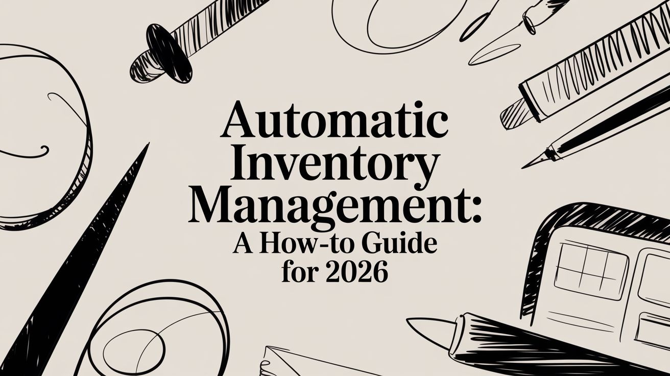 automatic-inventory-management-business-sketch - EntreResource.com Cover image for a guide titled 'Automatic Inventory Management: A How-to Guide for 2026' with pencil and ruler doodles around the edges, on a beige background.