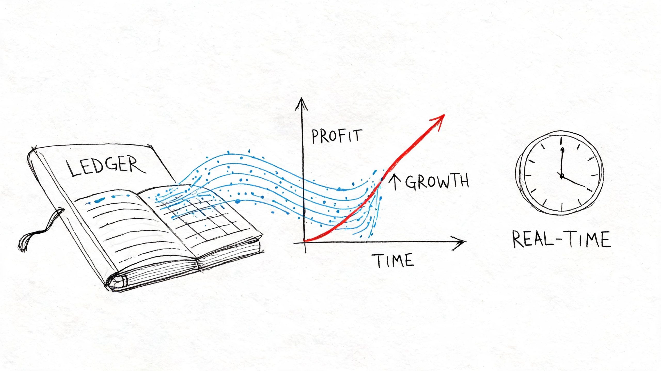 A hand-drawn illustration showing a ledger feeding data into a profit growth chart in real-time.