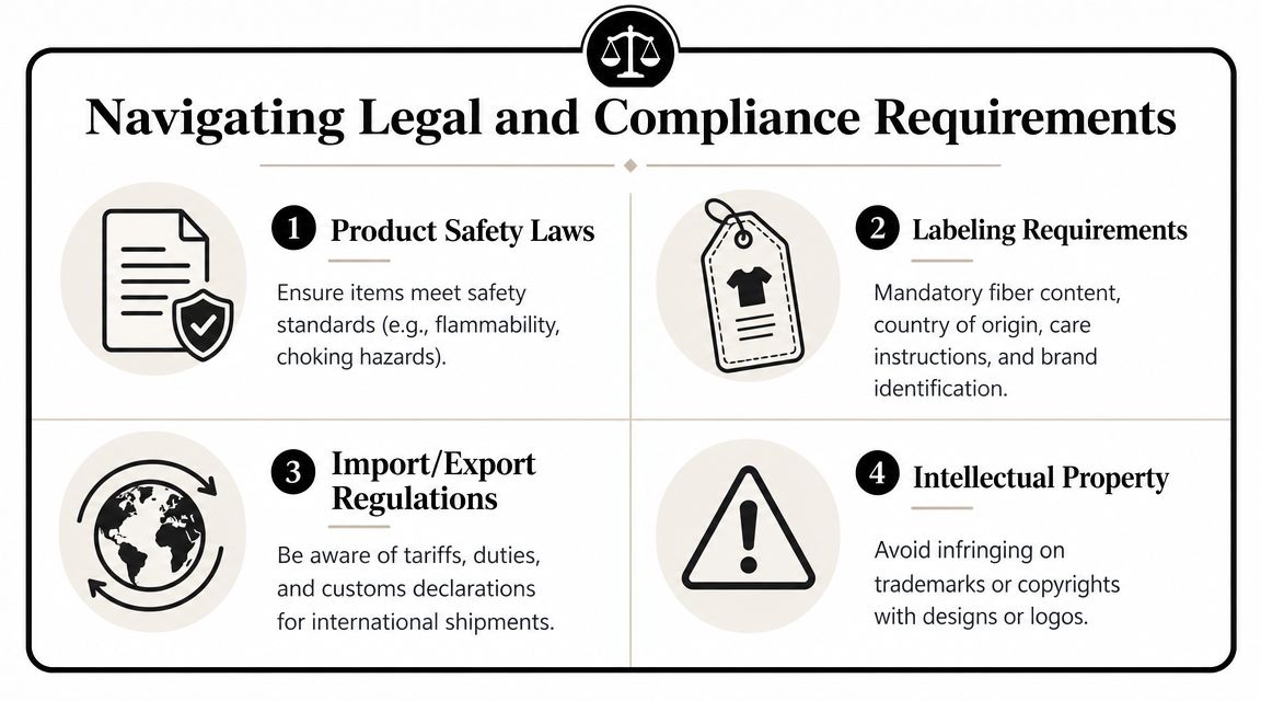 A diagram outlining key legal and compliance requirements for online businesses, including product safety, labeling, regulations, and intellectual property.