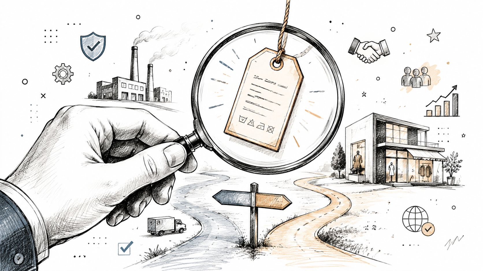 A magnifying glass inspecting a clothing tag, highlighting the supply chain from factory to retail store.