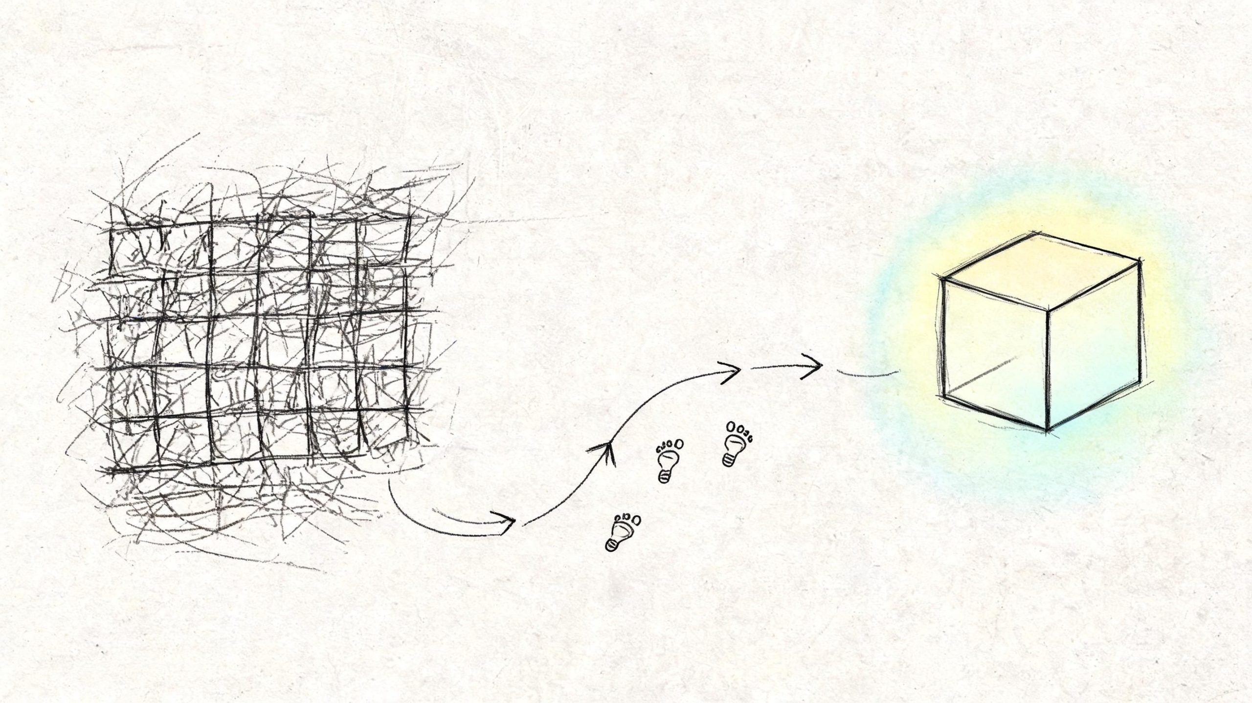 A conceptual sketch showing a chaotic messy grid transforming into a glowing orderly cube via footsteps.