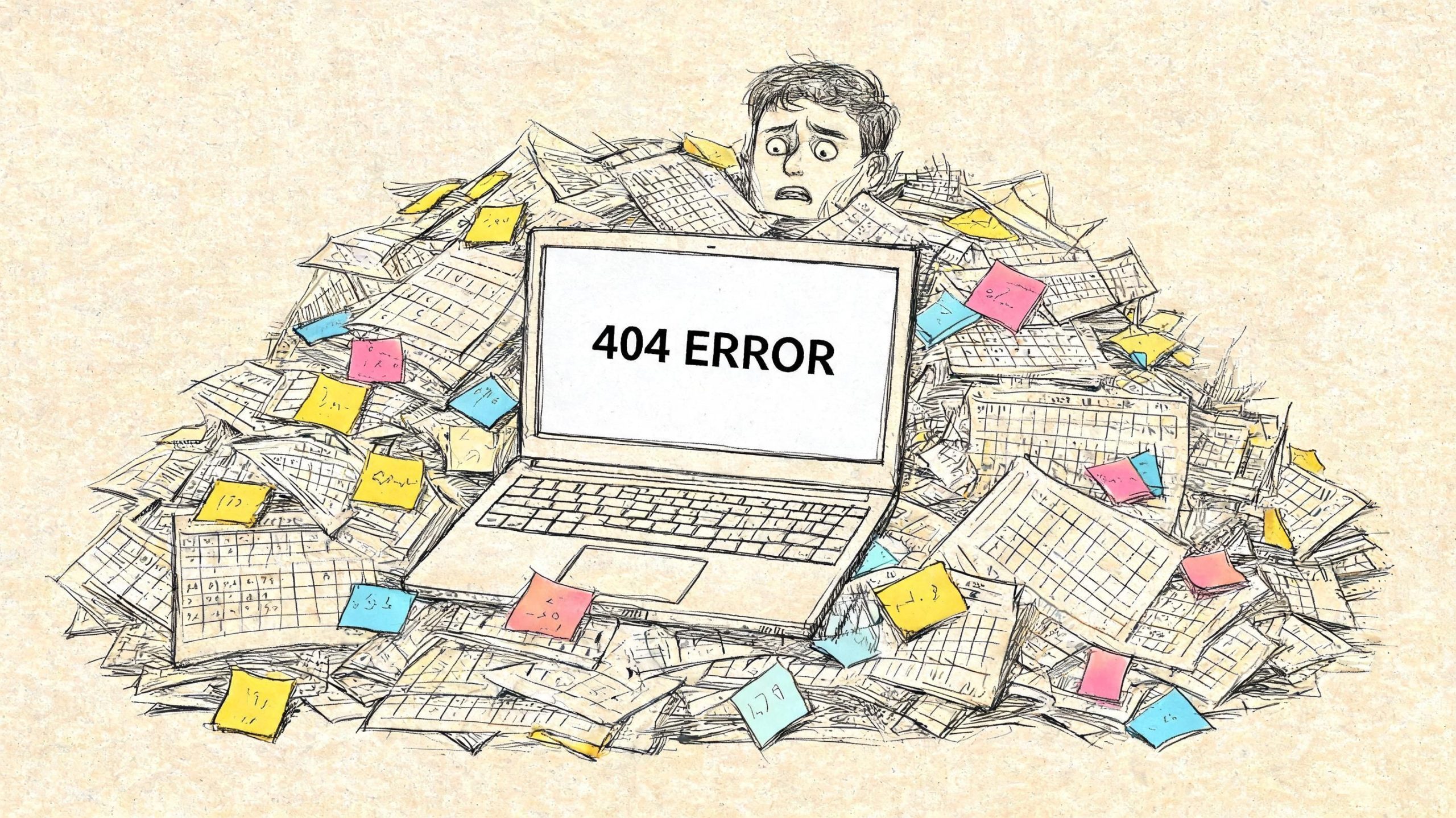 A stressed man overwhelmed by a large pile of paperwork while a laptop displays a 404 error.