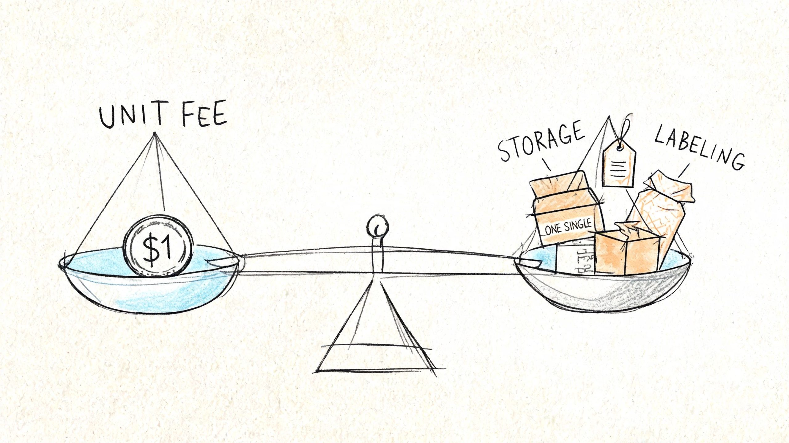 A hand-drawn illustration showing a balance scale weighing a unit fee against storage and labeling costs.