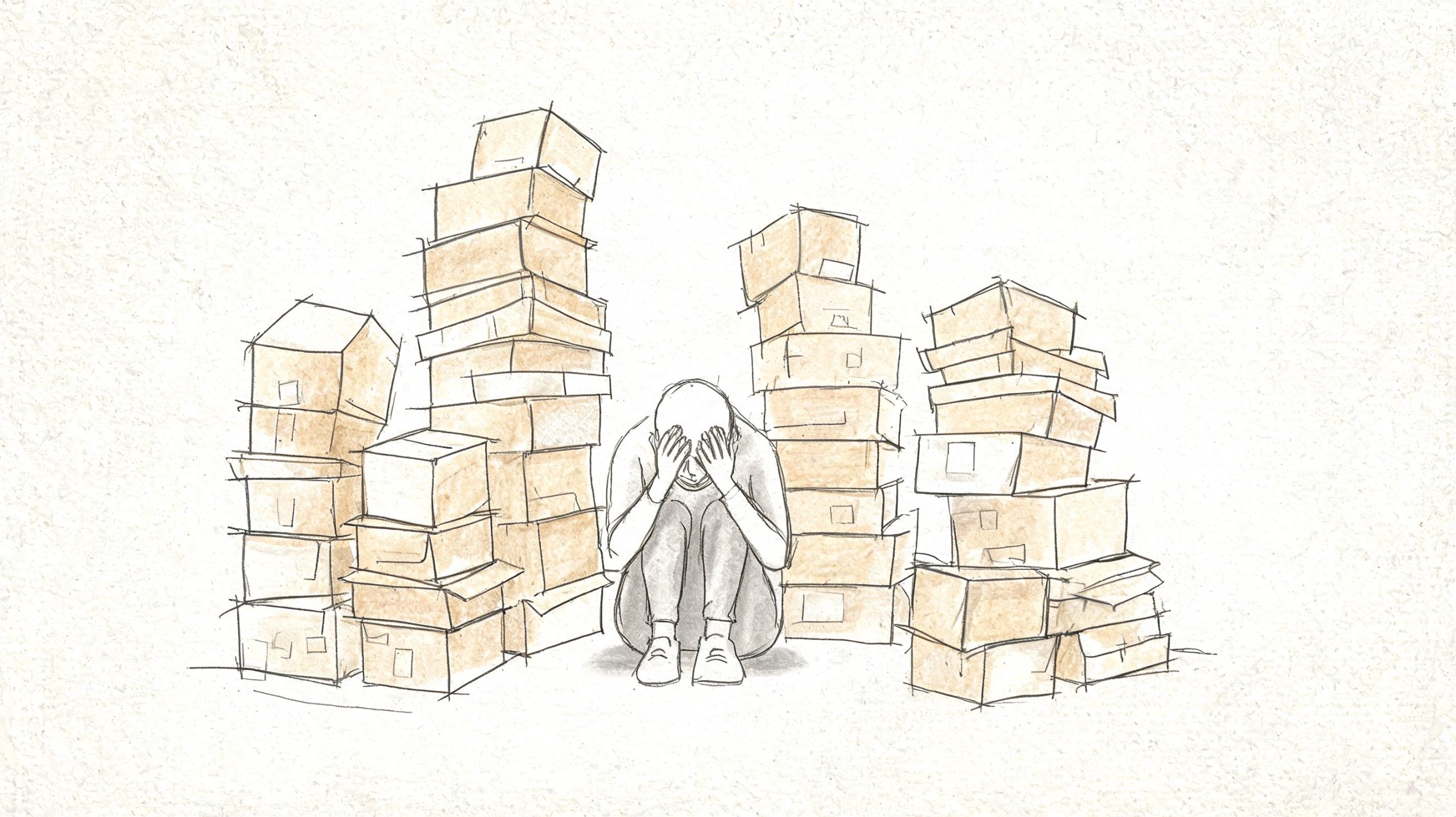 A person sitting on the floor feeling overwhelmed by large stacks of cardboard boxes.