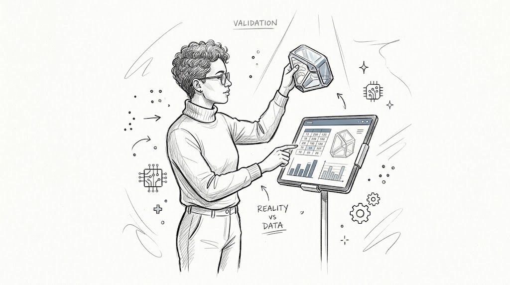 A person analyzing a physical object alongside digital data displayed on a tablet during a validation process.