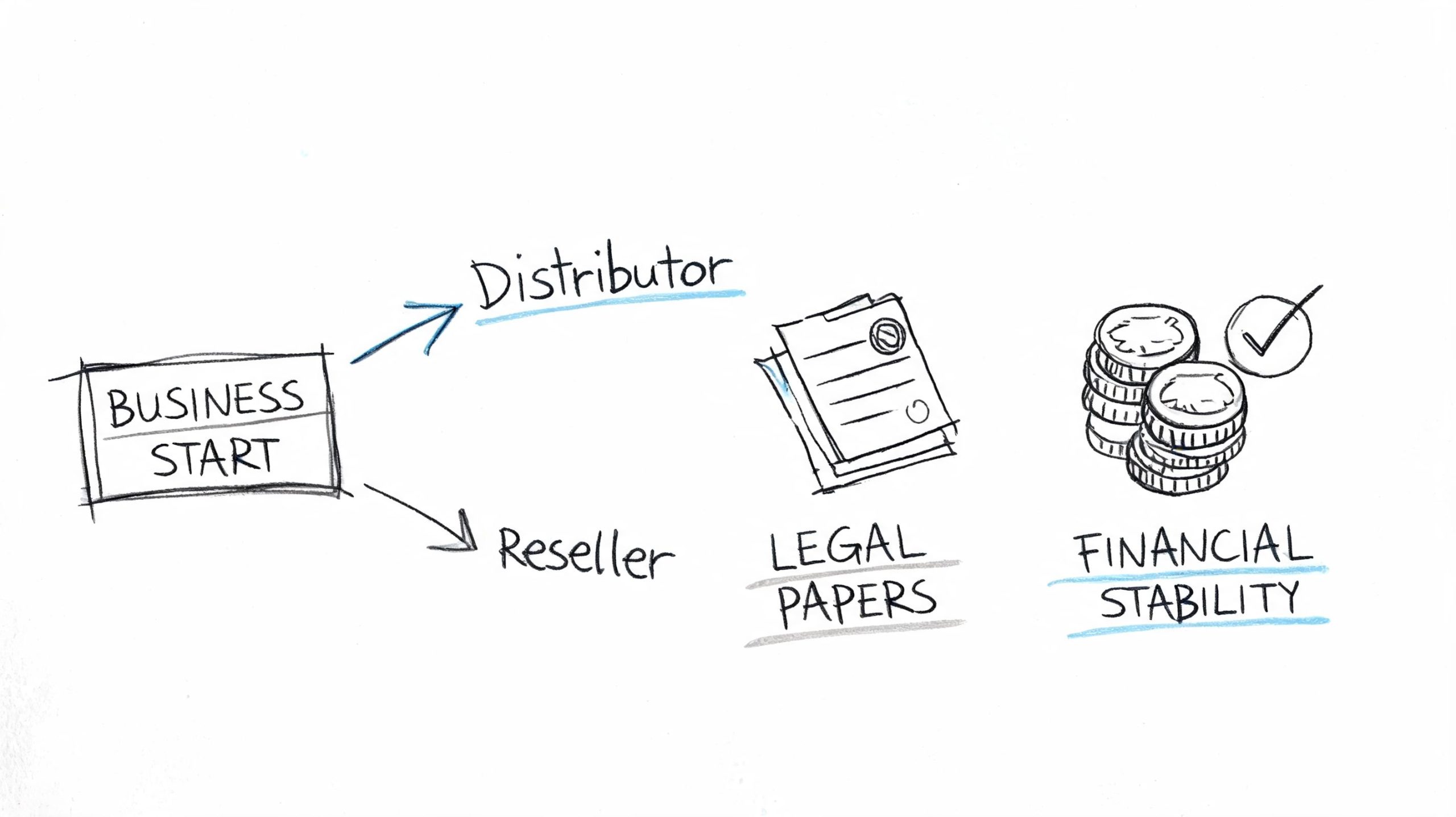 A hand-drawn diagram illustrating how to start a business as a distributor or reseller, involving legal papers and financial stability.