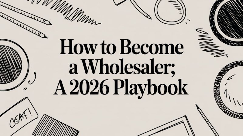 Hero title: 'How to Become a Wholesaler; A 2026 Playbook' with a beige doodle-border of pencils, tape, and sketch circles around the edges, conveying a guide cover.