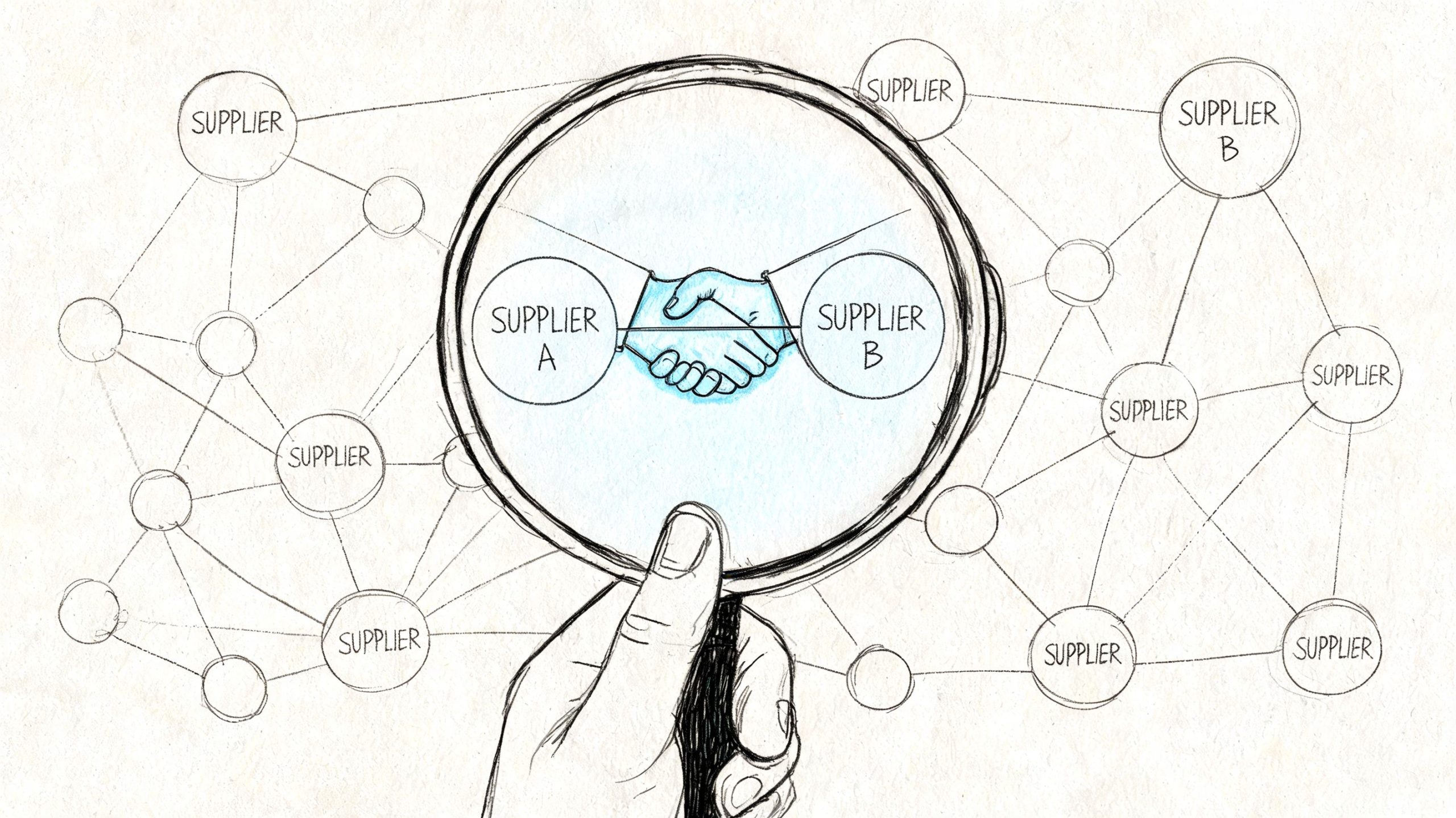 A magnifying glass focusing on a handshake between Supplier A and Supplier B, illustrating supply chain collaboration.