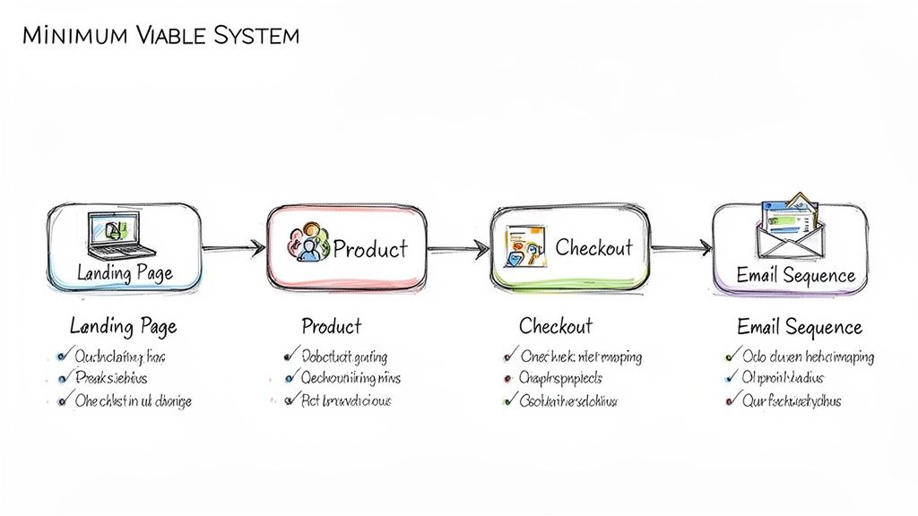 Diagram showing a Minimum Viable System, outlining steps from Landing Page to Email Sequence.