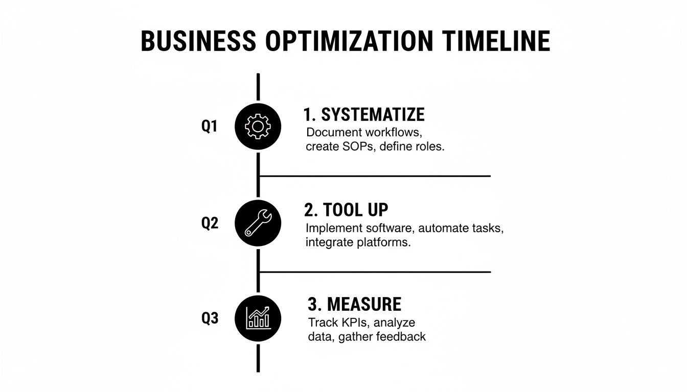 Business optimization timeline with three steps: Systematize, Tool Up, and Measure, over three quarters.