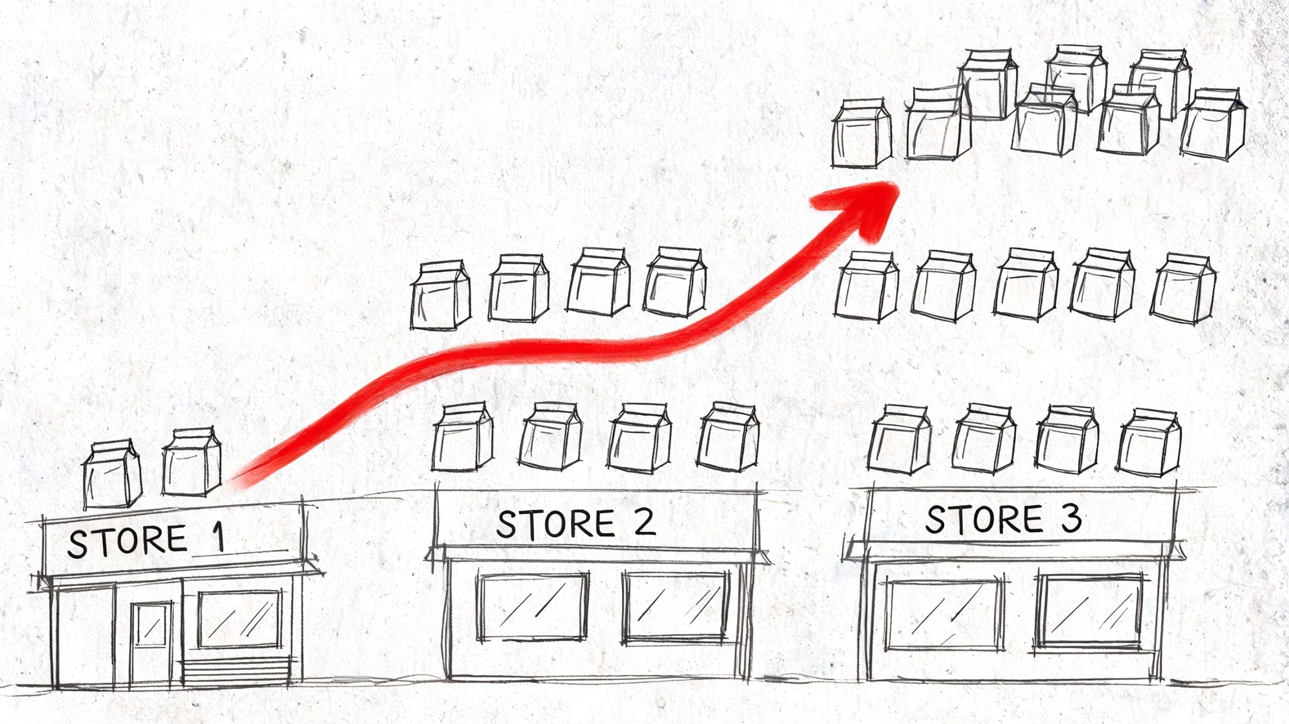 A hand-drawn illustration showing product growth across three store locations with an upward-pointing red arrow.